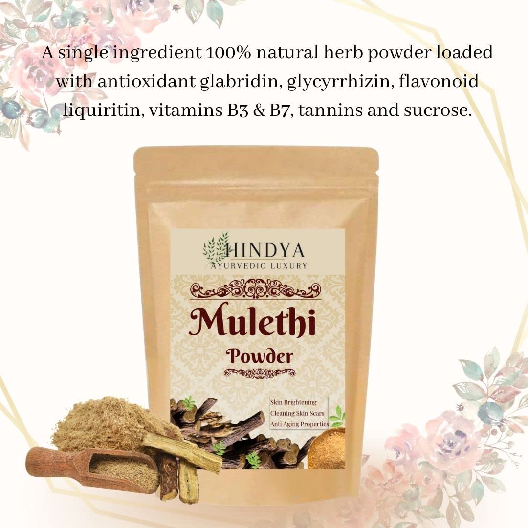 Hindya Mulethi Powder packaging with text about ingredients on a floral background