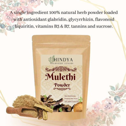 Hindya Mulethi Powder packaging with text about ingredients on a floral background