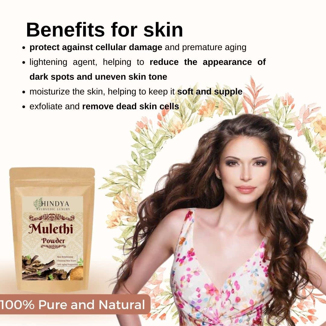 Advertisement for Hindya Mulethi Powder with a woman and product packaging, highlighting skin benefits.