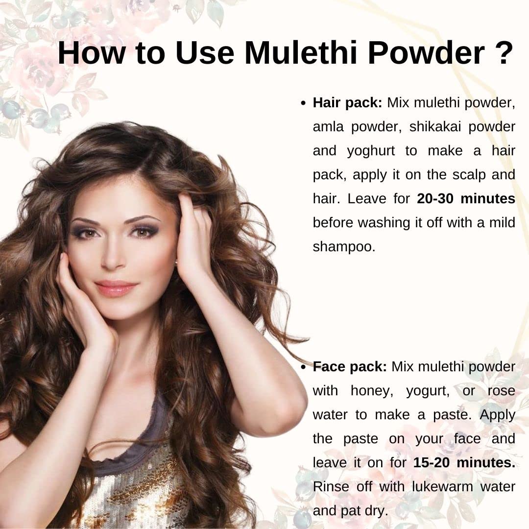 Instructions on how to use mulethi powder for hair and face packs with a model displaying healthy hair.