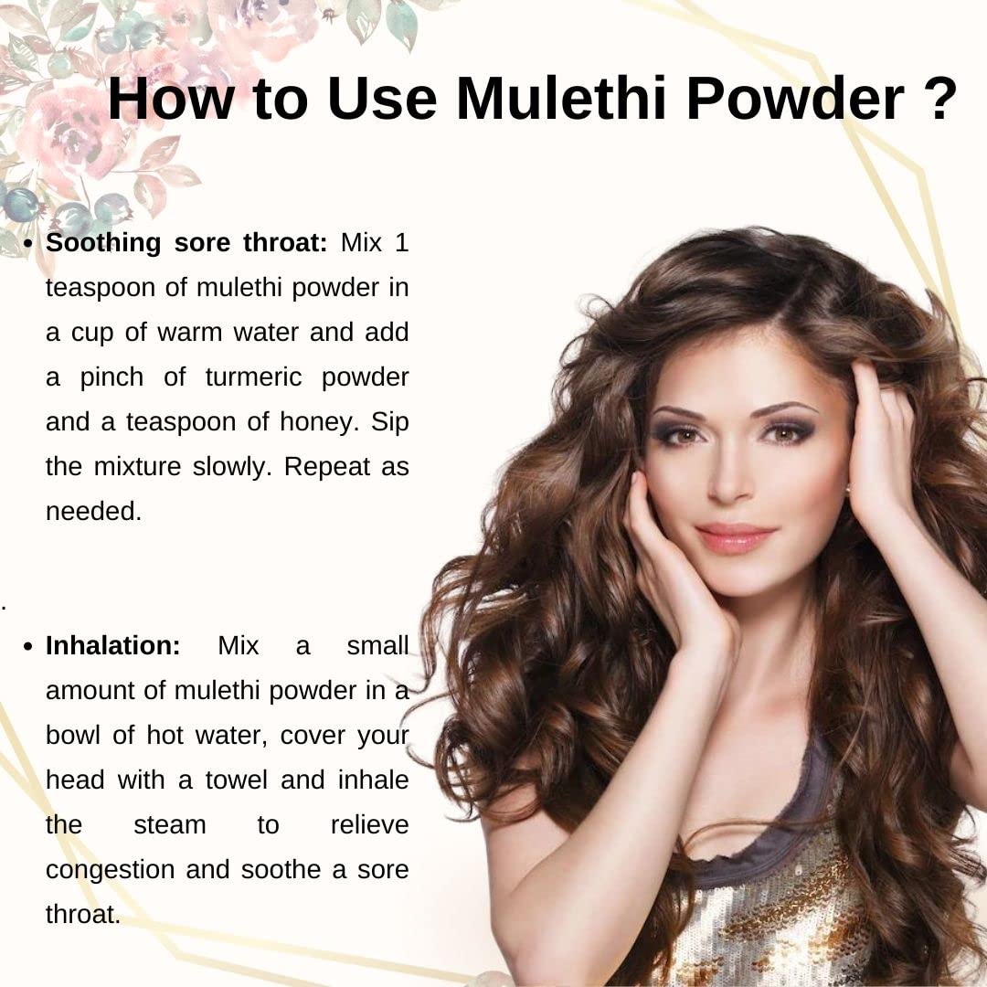 Instructions on how to use mulethi powder with a woman with long brown hair.
