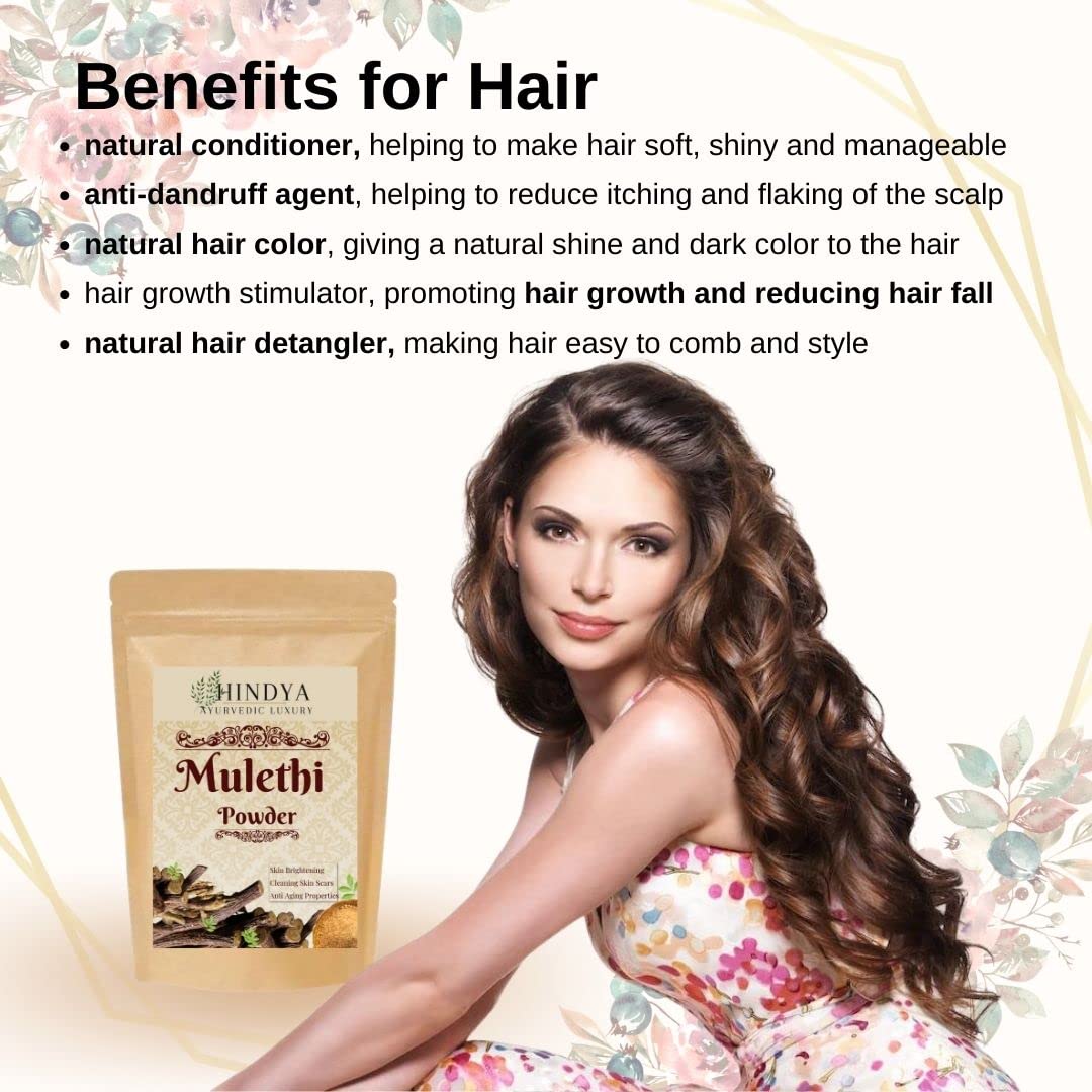 Hindya Mulethi Powder packaging with a woman and hair benefits text on a white background